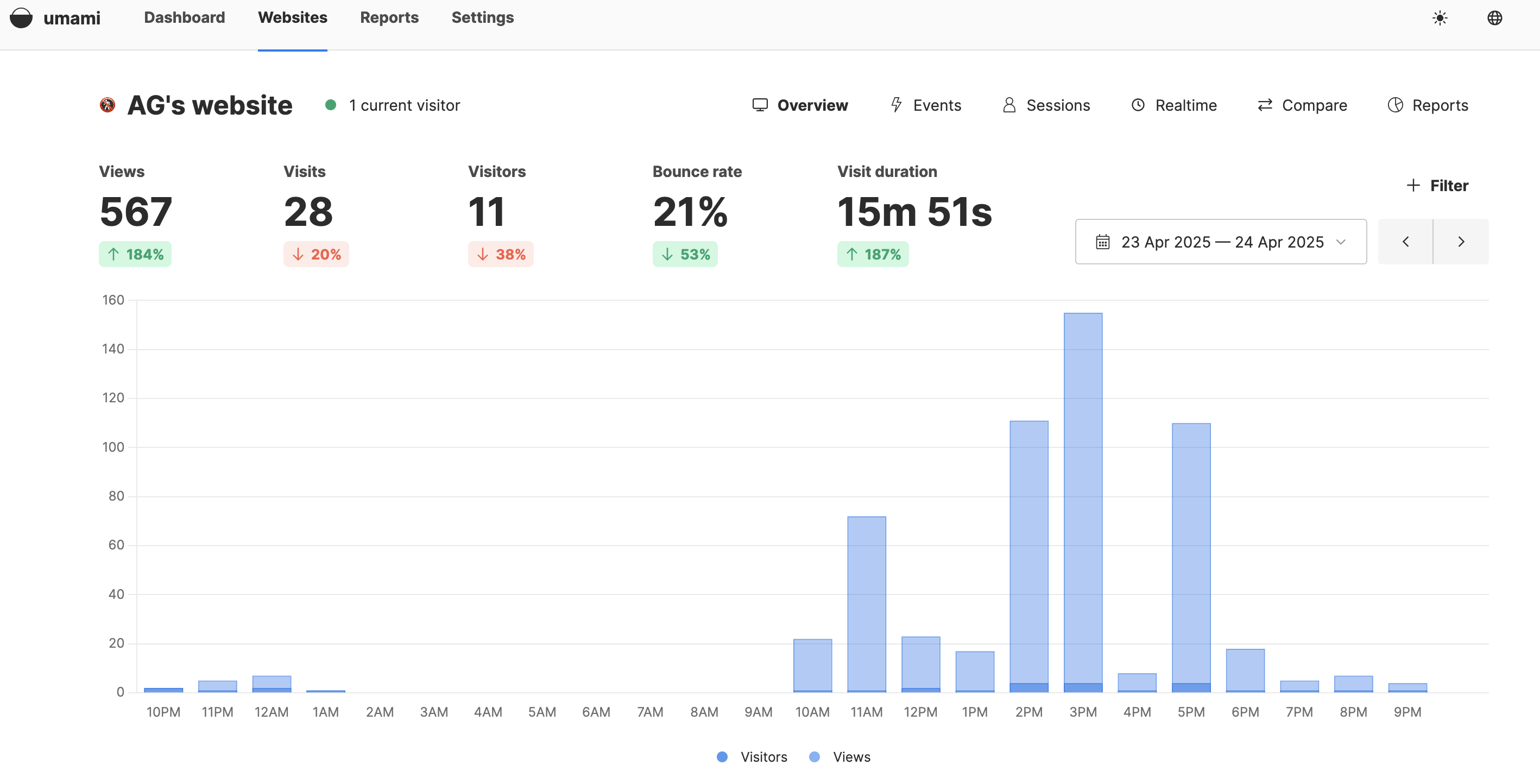 Umami dashboard for a day's visit
